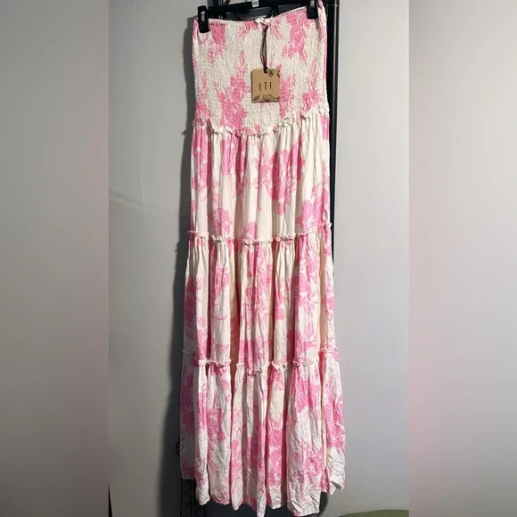 NWT Anthropologie Able The Label Smocked Strapless Tiered Tropical Maxi Dress - Picture 4 of 7